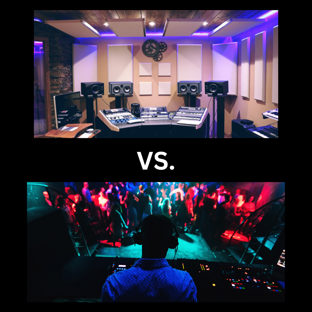 Top photo is of a music studio. Bottom photo is of a night club.